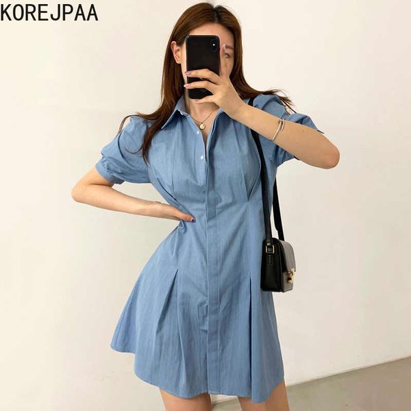 

korejpaa women dress summer korean chic french retro lapel single-breasted pleated waist puff sleeve shirt style vestidos 210526, Black;gray