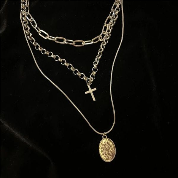 

chokers fashion vintage silver color metal jesus cross necklace personality geometric hollow multi-layer lock pendant for women gift, Golden;silver
