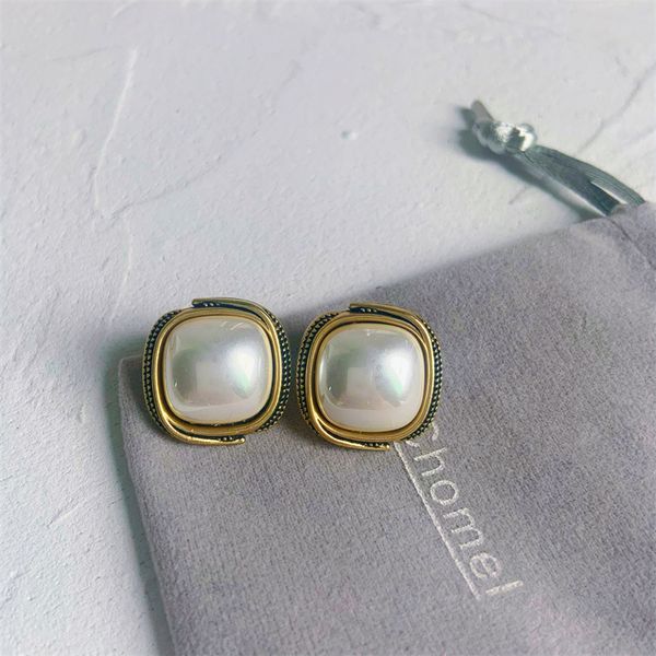 

design jewelry french temperament simple geometry square pearl 925 silver needle minority ins versatile personality daily earrings female, Golden