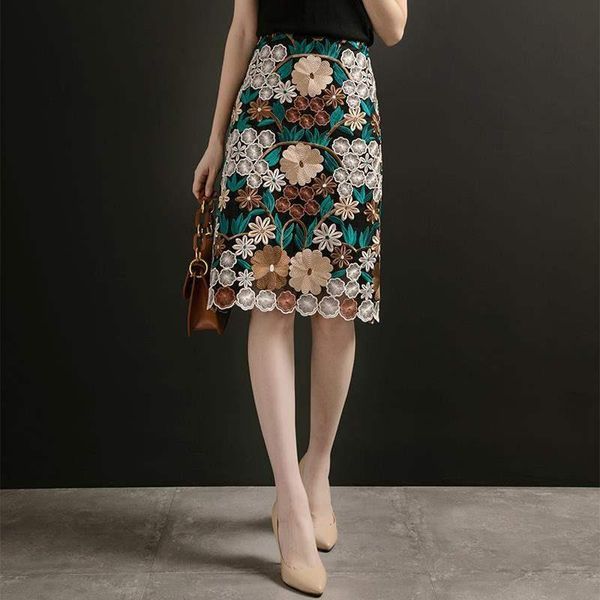 

fine embroidered floral vintage women skirt high waist office party streetwear knee length lace, Black