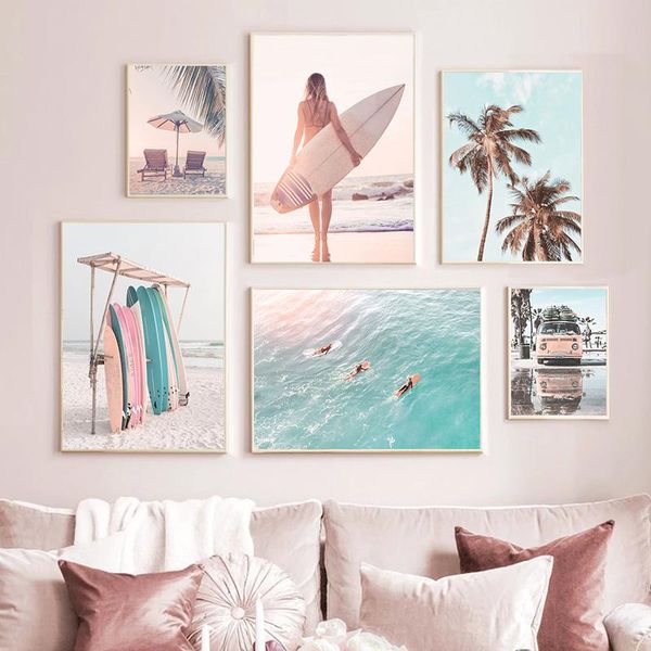 

paintings nordic summer coastline surf canvas poster print sunny beach bus palm trees wall art painting landscape pictures for living room
