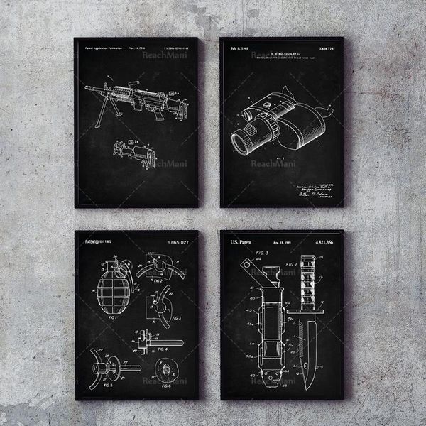 

paintings hand grenade-machine gun-bayonet set-4, machine gun poster, bayonet art, wall room decor