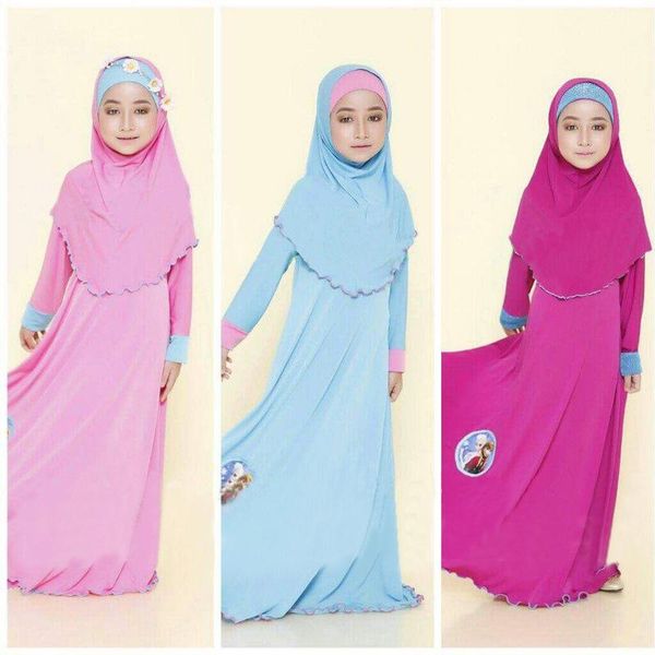 

girl's dresses fashion child abaya muslim girl dress jilbab and islamic children hijab two sets traditional cartoon kids clothing, Red;yellow