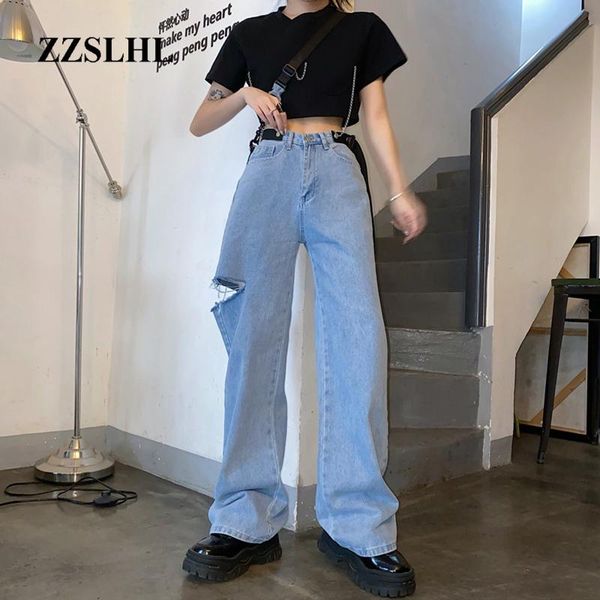 

women's jeans 2021 fashion denim women vintage high waist wide leg hole pants for female, Blue