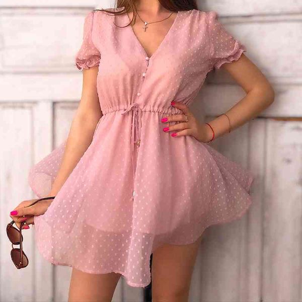 abito vintage da donna rosa floccato estate moda donna elegante boho es party femminile dolce ragazze carine chic 210430