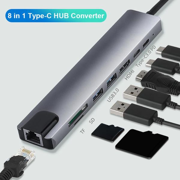

hubs 8 ports type c hub dock 4k -compatible converter rj45 adapter pd sd tf card reader usb 3.0 for lapcomputer pc