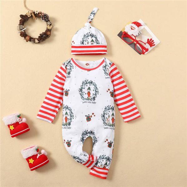 

jumpsuits infant boys girls christmas cotton print horizontal stripes pattern romper+hat outfits born casual cartoon clothing 0-24m, Blue