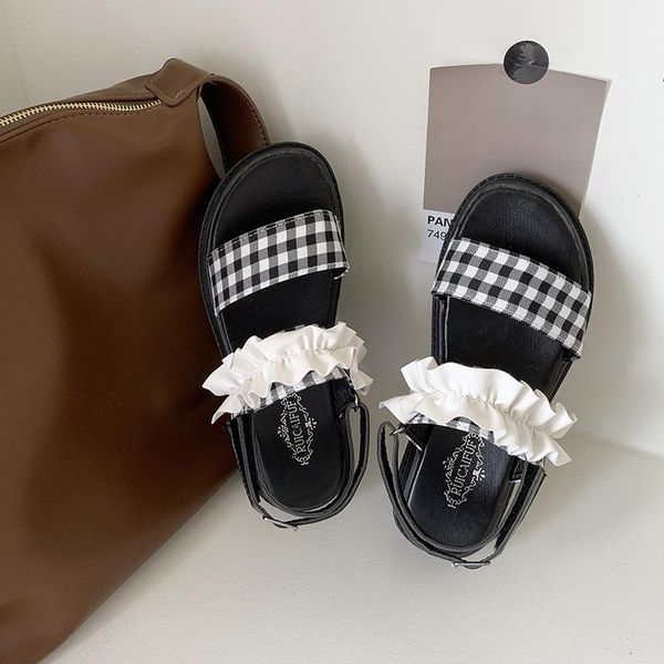 

sandals 2021 summer soft open toe platform sweet cute plaid pleated flat women slippers female outdoor non slip, Black