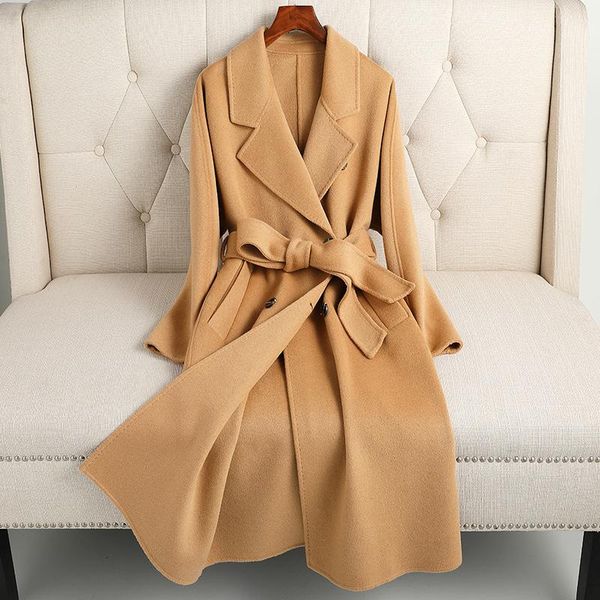 

women's wool & blends double-sided cashmere coat female black long over-the-knee double-breasted hepburn wind autumn and winter fur