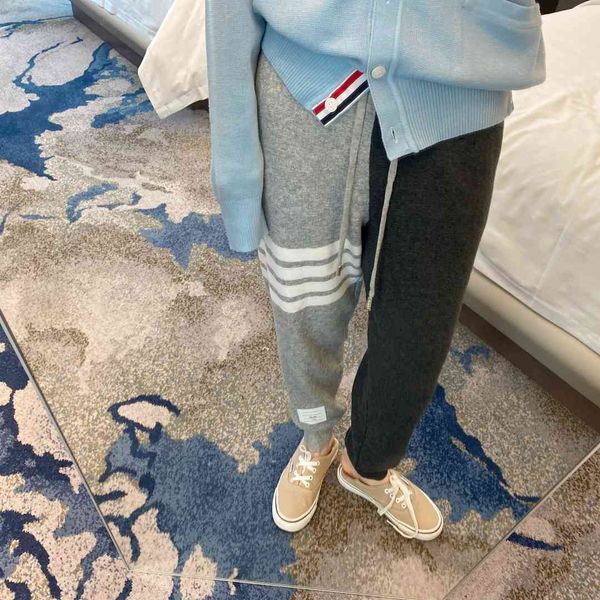 

1416ab wool early autumn mid waist drawstring harlan leggings knitted color matching college style four bar guard pants, Black;white
