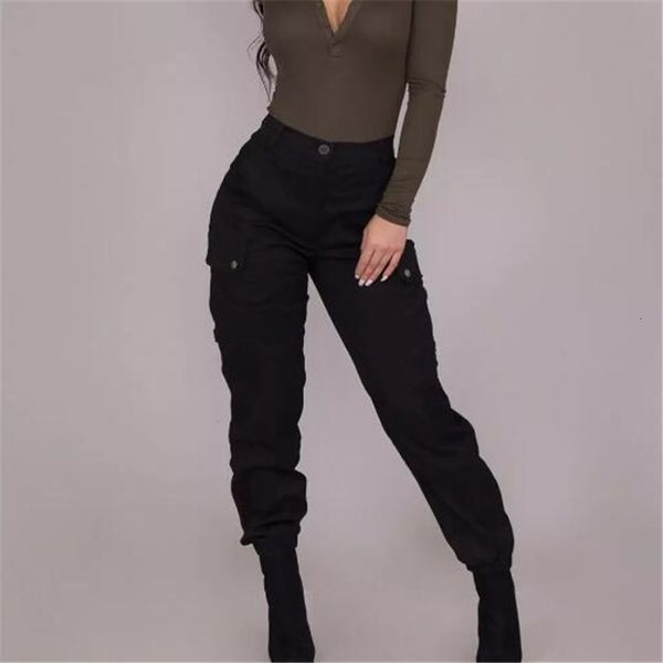 

women's pants & capris solid womens cargo pockets slim-fit straight high waist button fly trousers casual streetwear black v4q6, Black;white