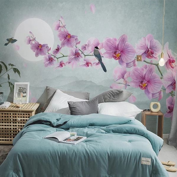 

Custom Wallpaper Modern Hand-painted Flower Bird Butterfly Orchid Murals Living Room Bedroom Home Decor Waterproof, Pink