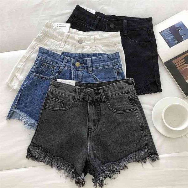 

women summer fashion tassel jean denim shorts washed distressed jeans ripped casual korea zipper fly 210809, Blue