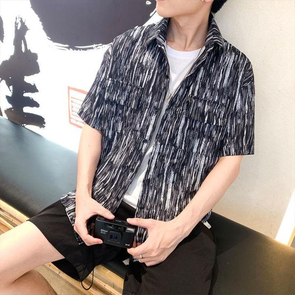

men's t-shirts summer stripe short-sleeved shirt male trend loose hong kong wind vertical feeling ice silk five minutes sleeve ruffian, White;black