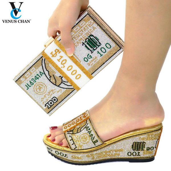 

italian design golden color special fullness of rhinestone style elegant nigerian women shoes and bag for party dress, Black