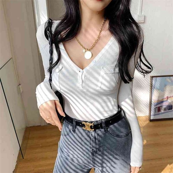 

v neck button slim elasticity t shirt women t-shirt long sleeve tshirt pocket korean fashion spring clothing 210507, White