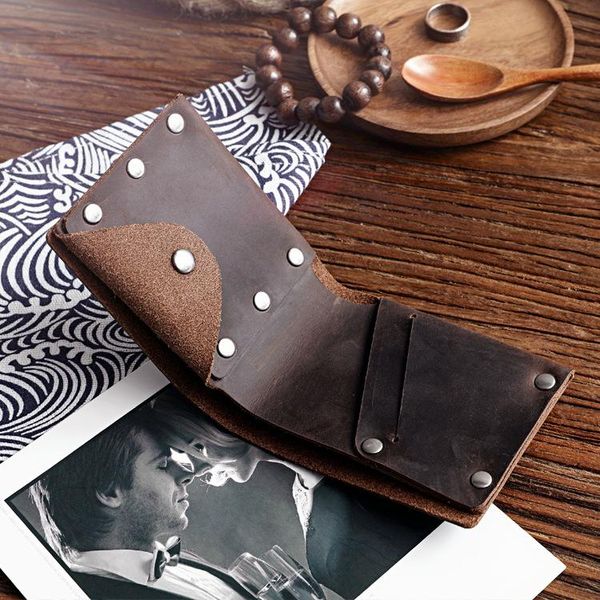 

wallets handmade genuine leather mens vintage rivet wallet with coin pocket crazy horse short money cards case, Red;black