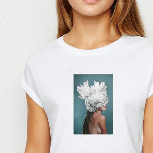 

women t shirt hipster tee feather flower girl shirts kawaii spring summer casual show thin white o neck