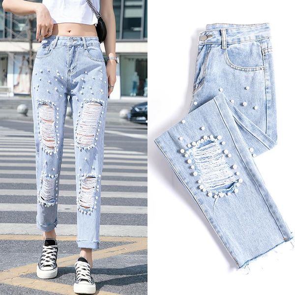 

korean female fashion beading straight jeans women's summer ripped hole denim pants high waist thin slim ankle-length trousers, Blue