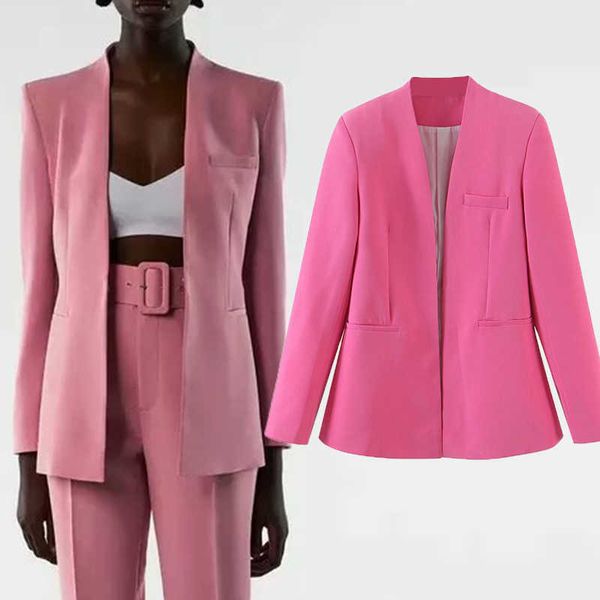 

za blazer suit jacket office women spring fashion simple v-neck casual street rose red 210601, White;black
