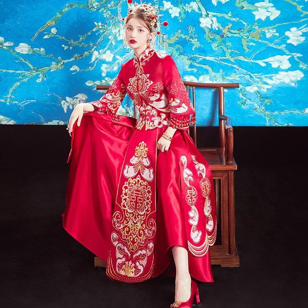 

embroidery pleated formal dress royal bride wedding cheongsam vintage chinese traditional tang suit qipao ethnic clothing, Red