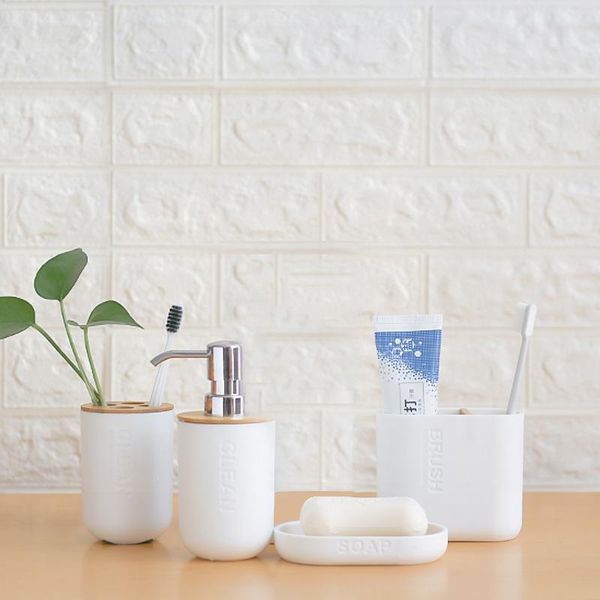 

bath accessory set toiletry lotion bottle toothbrush mouthwash cup holder soap box a piece household bamboo bathroom supplies dispenser