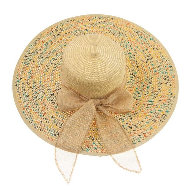 

wide brim hats summer parent women's sun hat bucket cap beige lace tie bowknot color ribbon flat straw beach caps parent-child, Blue;gray