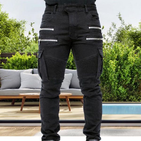 

men's pants stylish casual men jeans multi pockets zipper mid rise slim cargo trousers for mountain climbing 2021, Black