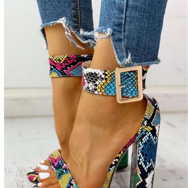 

fashion versatile roman sandals women's thick heel color snake line high, Black