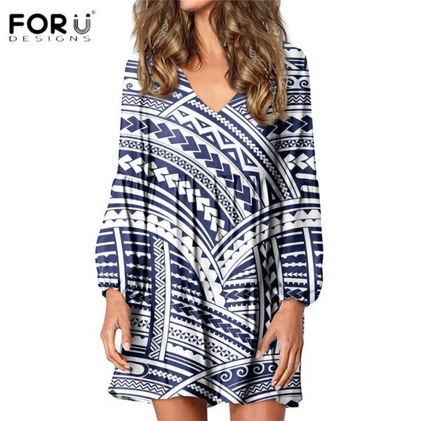 

women casual long sleeves v-neck dress colorful polynesian ethnic tribe pattern printing loose ruffle party ropa dresses, Black;gray