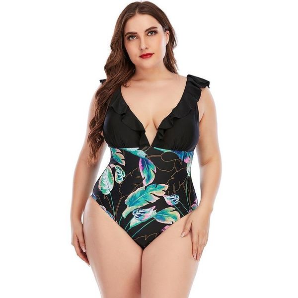 

one-piece suits 2021 fashion women's plus size swimsuit fat printed color-blocking ruffled bikini