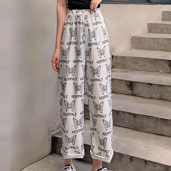 

butterfly print summer vintage womens leggings pants high waist wide leg long trousers female loose streetwear p5, Black