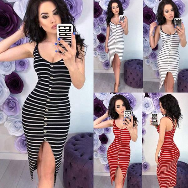 

casual dresses 2021 summer sleeveless striped print women bodycon tight skinny pary club female o neck tank, Black;gray