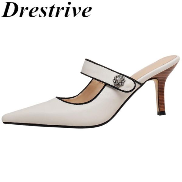 

drestrive women pumps cow leather pointed toe thin heels mules mary janes buckle 2021 summer high heel shoes size 43 dress, Black