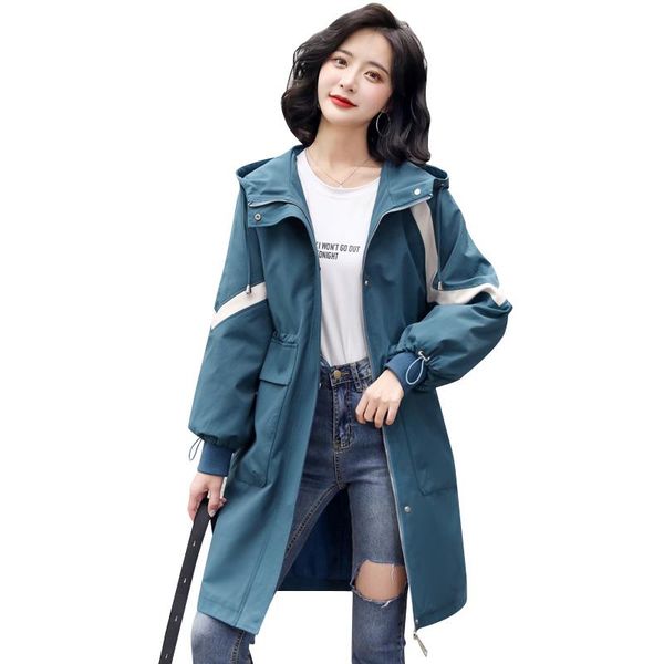 

women's trench coats casual women long 2021 spring autumn hooded lining windbreaker coat large size female overcoat blue black, Tan;black