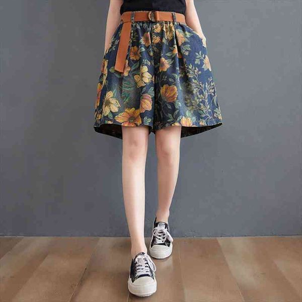 

6520 flower printing denim shorts women korean style elegant office ladies wide leg loose fashion summer streetwear clothes, White;black