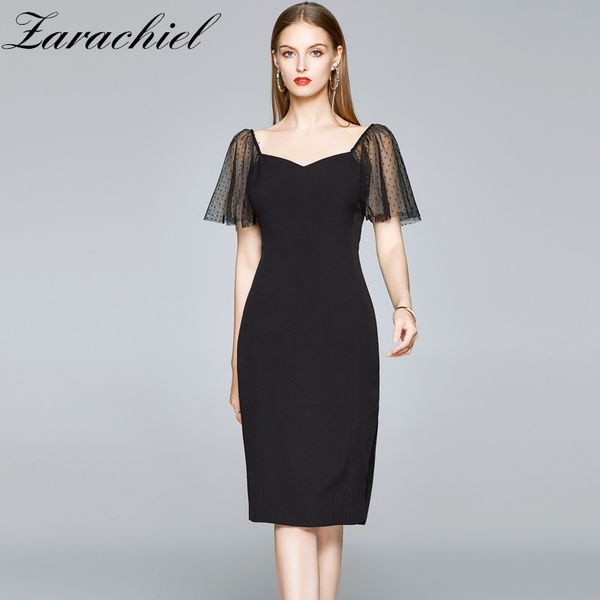 Frauen Dot Schmetterling Ärmel Elegant Schwarz Bleistift Sommer V-ausschnitt V Zurück Schmal Geschnittene Büro Damen Midi Kleid Vestidos 210416