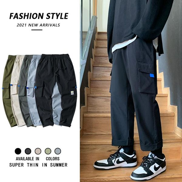 

men's pants 2021 hong kong style nine-point trend loose sports casual straight overalls, Black