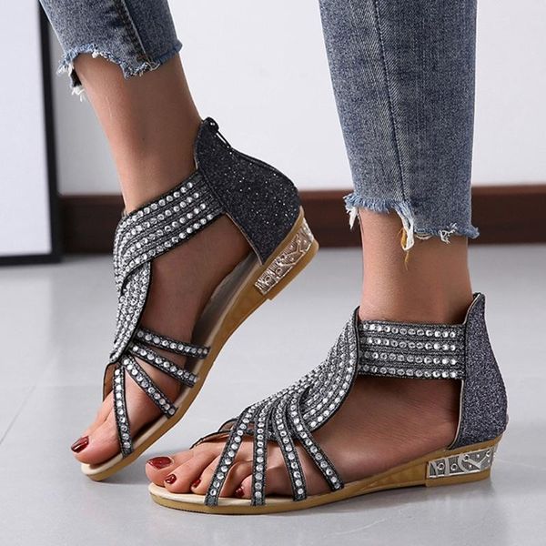 

biling crystal sandals 2021 summer women hollow open toe breathable wedges zipper casual rhinestones shoes plus size, Black