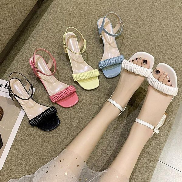 

sandals 2021 summer women candy color ankle strap mid heels shoes narrow band ladies designer sandalias mujer black 9186n