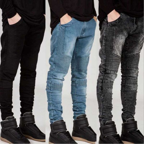 

men's jeans biker trousers ruffled slim-fit small-foot stretch, Blue