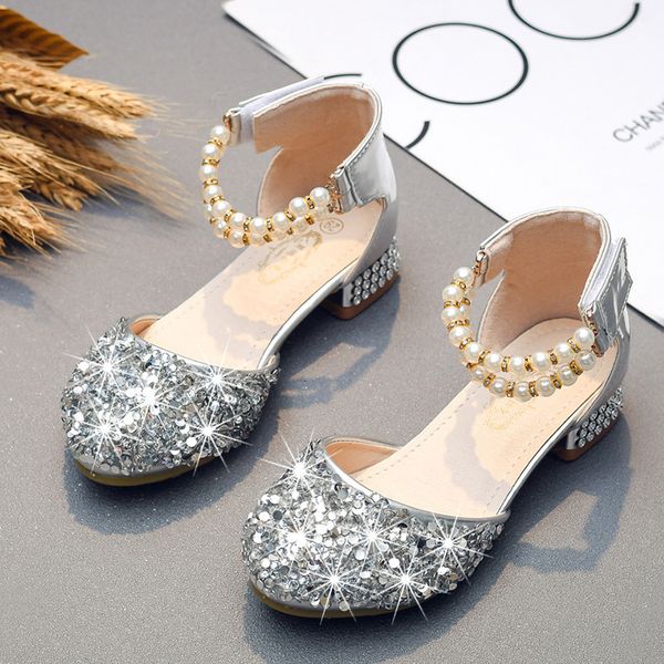 

70% off factory online 2020 autumn girls' leather shoes korean children's princess crystal sequins student high heels, Black