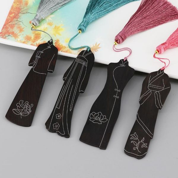 Markmark 1pcs clássico Cheongsam Purple Inclaid Silk Silk Style Chinese Tassel Tassel Wooden Gift Literary Bookmarks Box