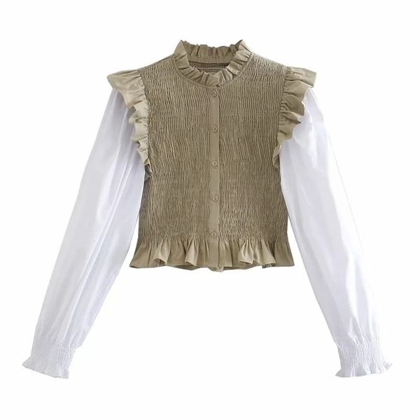 

blouse women camel patchwork crop woman high neck elastic ruffle puff long sleeve ladies korean blouses 210519, White