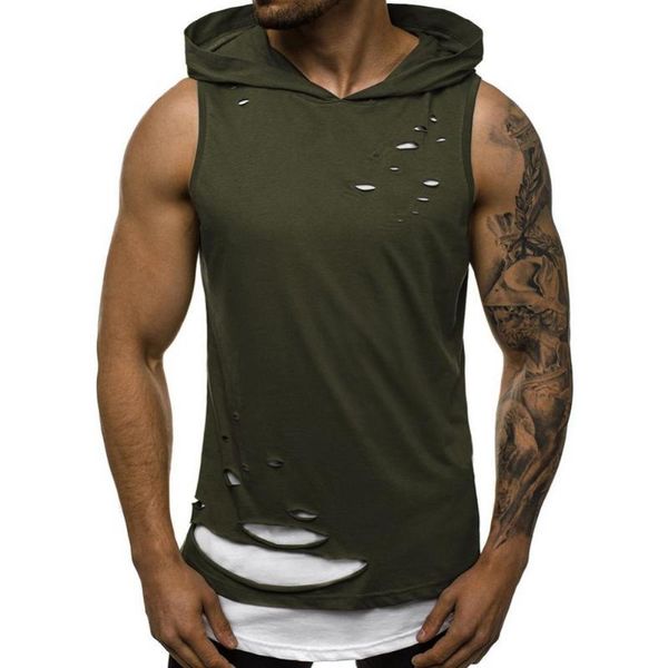 

men' tank men vest hoodie summer stylish double layer ripped solid color sleeveless cotton blends sports suitable for gym, White;black