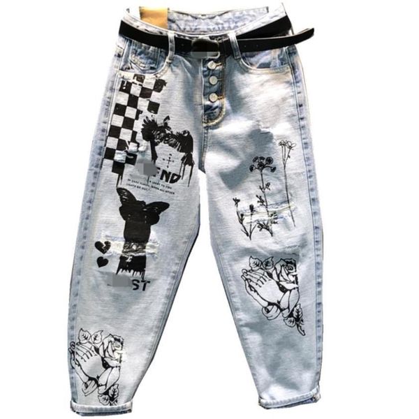 

spring fashion hole loose printed women jeans ankle length harem pants, Blue