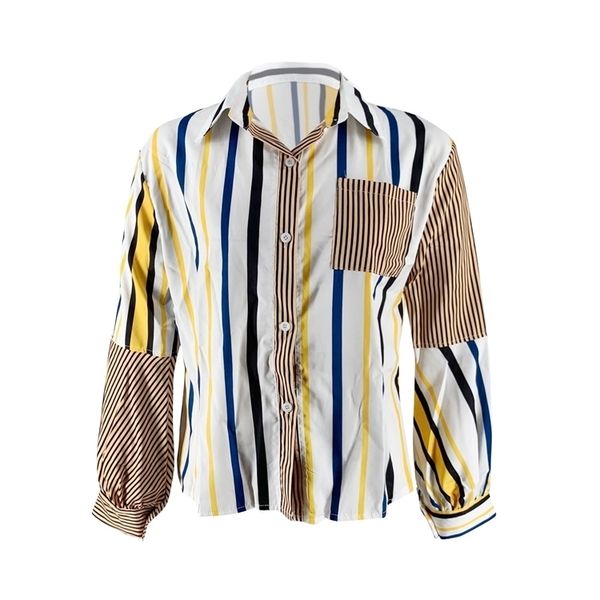 

women long sleeve button shirt striped patchwork chic shirt blouse, White