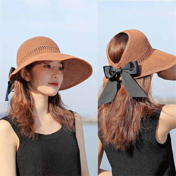 

wide brim hats summer hat 2021 vacant sunscreen adjustable women's net bow sun hollow large rim straw bowknot decoration, Blue;gray