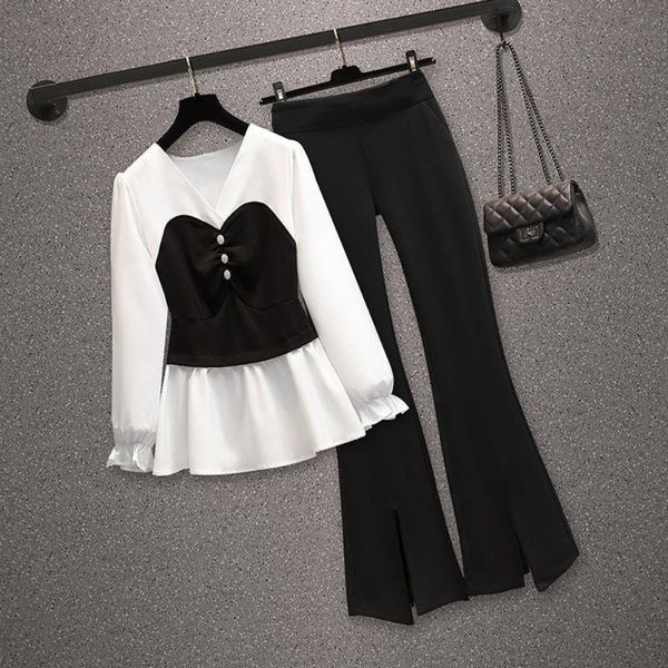 

women's two piece pants office lady fashion 2021 casual set women long sleeve v-neck shirt + loose wide leg splicing suit, White