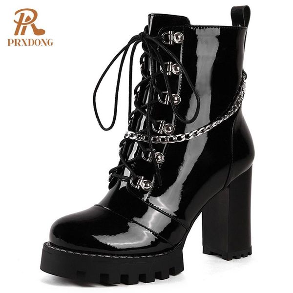 

boots autumn women's punk ankle with metal chain zipper lace up high heel thick platform ladies shoes black motorcycle plus size